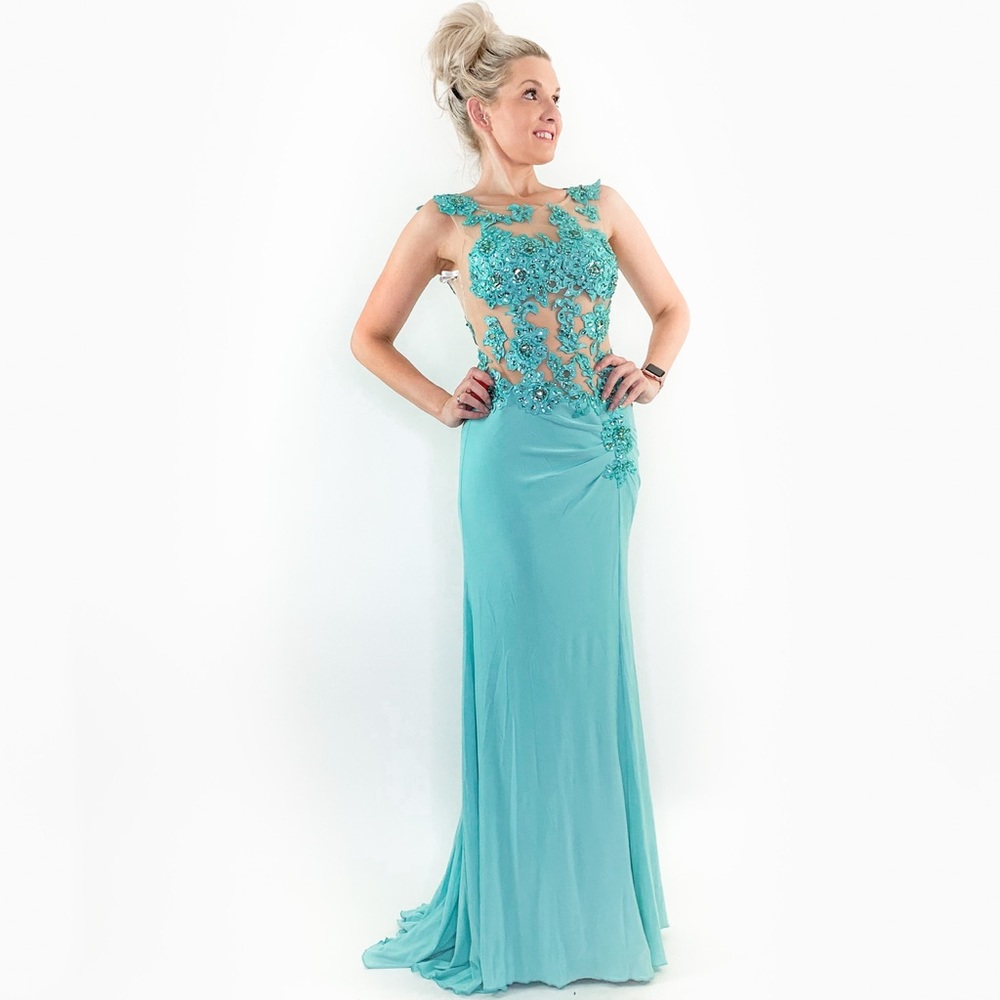 Fitted Illusion Blue Lace Prom Pageant Dress - Picture 6 of 8